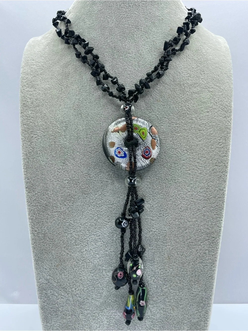 Black Crystal Glass Beaded Blown Glass Medallion Tassel Statement Necklace